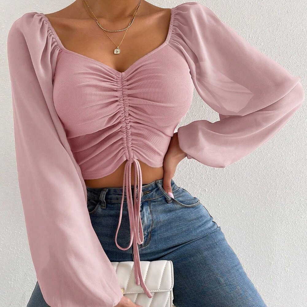 Pink Casual Women's Lantern Sleeve Crop Top